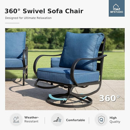 MFSTUDIO 7 Pieces Metal Patio Furniture Sets, 2 Swivel Chairs, 3-Seat Deep Seating Sofa, 2 Single Couch and 2 Ottoman, All Weather 9 Seats Outdoor Conversation Set for Garden Backyard, Peacock Blue