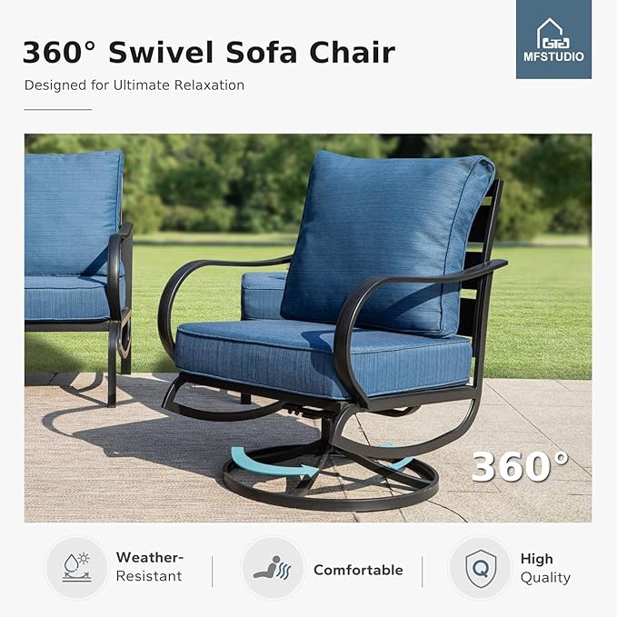 MFSTUDIO 5 Pieces Patio Conversation Sets, Outdoor Metal Furniture Sofas with 1 x 28 Square Propane Gas Fire Pit Table and 4 x Steel Frame Patio Sofa Swivel Chairs with Peacock Blue Cushion