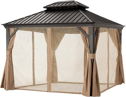 ABCCANOPY Hardtop Gazebo 10x12 - Outdoor Metal Hard Top Gazebo, Permanent Galvanized Steel Aluminum Framed Pavilion with Netting and Curtain for Patio Backyard Lawn Garden (Double Roof, Khaki)