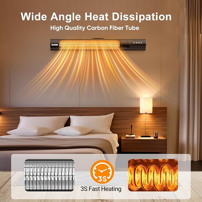 YESERLl Electric Patio Heater with Remote Control- 1500w Outdoor Heater Fast Heating with 3 Power Setting, Wall Mounted Carbon Infrared Quiet - IP65 Waterproof and 24H Timer for Snow Outdoor