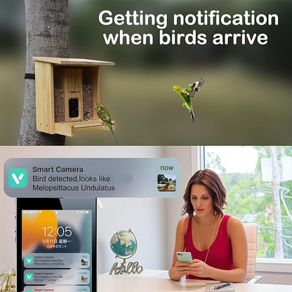 Smart Wooden Bird Feeder with Camera-Solar Power,Bird AI Identifier,1080p HD,5200mAh Battery,3.5L Extra Large,Twin Seed Bins