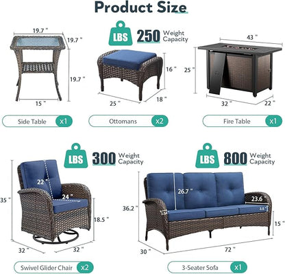 7 Piece Patio Furniture Set with Fire Pit Table - Wicker Patio Conversation Set with Swivel Glider, 3 Seat Sofa, Side Table and 2 Ottomans for Deck Backyard - Brown Wicker Blue Cushion