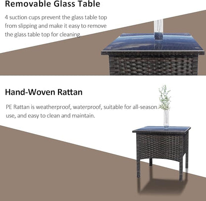 Outdoor PE Rattan Side Table, Modern Wicker Coffee End Table with Glass Top for Yard, Balcony, Garden or Livingroom, Brown