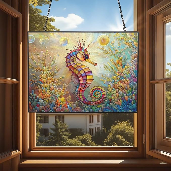 Personalized Rectangle Rainbow Seahorse Suncatcher Stained Glass Stained Glass Window Hanging Home Decor Garden Halloween Christmas Wedding Housewarming Gifts