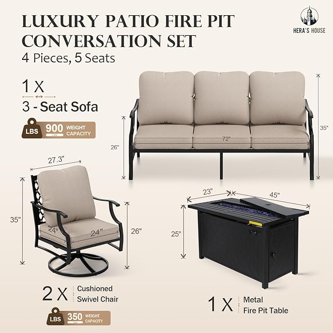 HERA'S HOUSE 4 Pieces Patio Furniture Set with Fire Pit Table, 2 x Swivel Cushioned Chair, 3-Seat Sofa with 45" Fire Pit Table, Outdoor Conversation Set for Garden, Poolside, Backyard