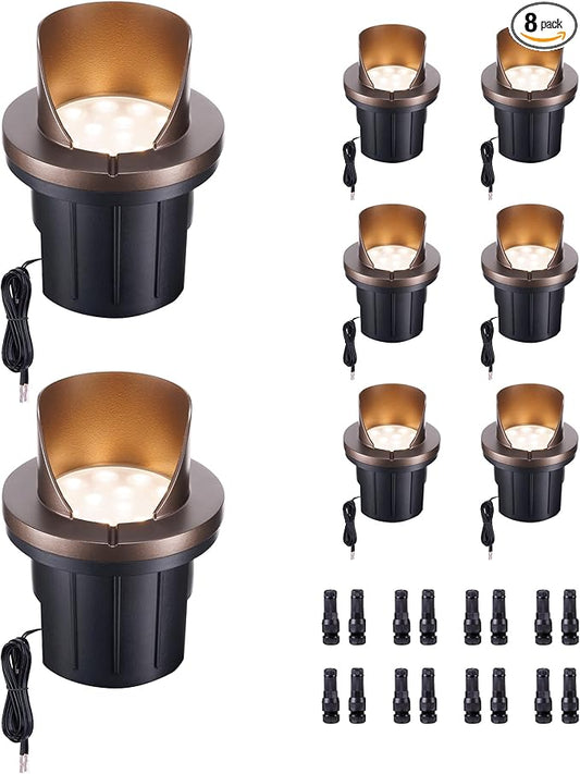 Ground Well Lights, Landscape LED Low Voltage Inground Lights, Outdoor Waterproof IP67, 12V Wired Aluminum Half Sided ORB for Backyard Wall 6W 420LM 8 Pack