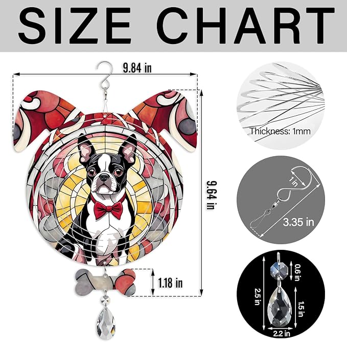 Boston Terrier Dog Ears Wind Spinner, Boston Terrier Wind Spinner Hanging for Yard and Garden V02