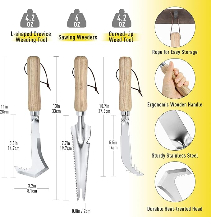 Jardineer Weed Puller Tools Set, 3 Pack Hand Crack Weeder, Stainless Heat Treated Steel Weed Root Remover with Ergonomic Handle, Multi-Purpose Weeding Tools for Lawn Garden Patio & Yard