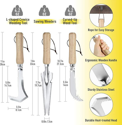 Jardineer Weed Puller Tools Set, 3 Pack Hand Crack Weeder, Stainless Heat Treated Steel Weed Root Remover with Ergonomic Handle, Multi-Purpose Weeding Tools for Lawn Garden Patio & Yard