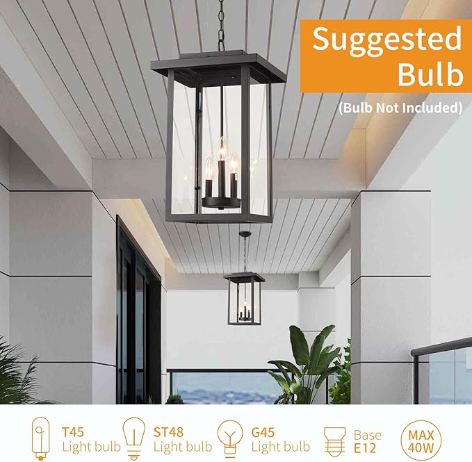 Outdoor Pendant Light Exterior Hanging Lantern, Large Outdoor Hanging Porch Light, Matte Black Finish with Clear Glass, 3 Light Outdoor Chandelier