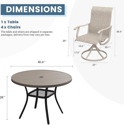DIFY 5 Pieces Outdoor Patio Dining Set, 4 Sandshell Textilene Swivel Dining Chairs and 40.6" Grey Wood-Like Round Dining Table, Metal Outdoor Table and Chairs