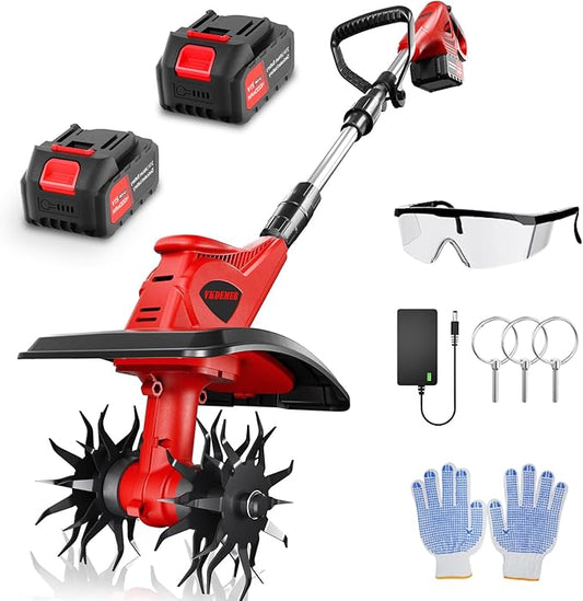 Cordless Tiller Cultivator, 360RPM 9inch Wide Electric Garden Tiller,Total 8000mAh Battery Powered Mini Cultivator,48 Steel Tines Portable Rotary Tiller for Gardening (2 x 4.0AH Battery)