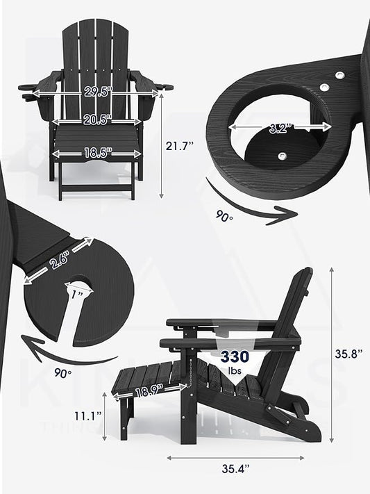 KINGYES Folding Adjustable Adirondack Chair with Retractable Ottoman, HDPE Reclining Adirondack Chair with Cup Holder, Black
