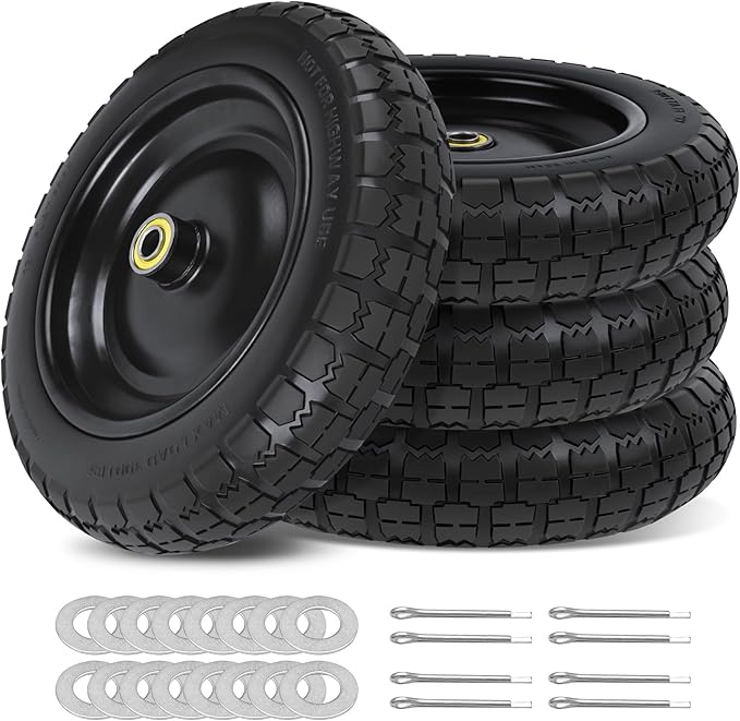 13 Inch Flat Free Wheels Tires 4.00-6 Solid Replacement with Universal 5/8" Axle Bore Hole, 16 Spacers and 8 Pins, for Wheelbarrow, Garden Wagon, Hand Truck, Trolley, Lawn Mower, 4 Pack