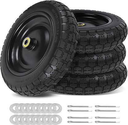 13 Inch Flat Free Wheels Tires 4.00-6 Solid Replacement with Universal 5/8" Axle Bore Hole, 16 Spacers and 8 Pins, for Wheelbarrow, Garden Wagon, Hand Truck, Trolley, Lawn Mower, 4 Pack