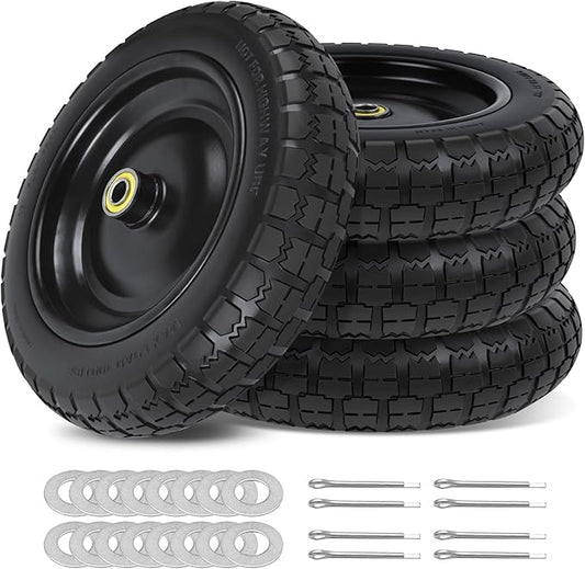 13 Inch Flat Free Wheels Tires 4.00-6 Solid Replacement with Universal 5/8" Axle Bore Hole, 16 Spacers and 8 Pins, for Wheelbarrow, Garden Wagon, Hand Truck, Trolley, Lawn Mower, 4 Pack