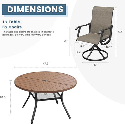 DIFY 7 Pieces Outdoor Patio Dining Set, 6 Brown Textilene Swivel Dining Chairs and 47.2" Walnut Round Metal Dining Table, Outdoor Table and Chairs