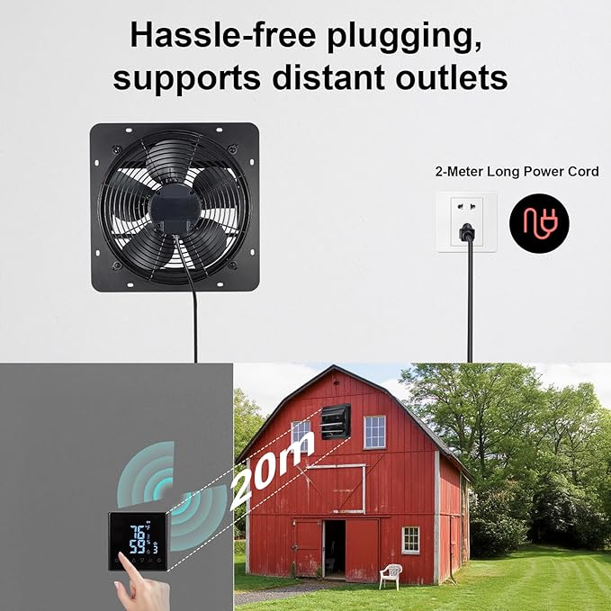 GROWNEER 12 Inch Exhaust Fan with Temperature Humidity Controller, 1200CFM Remote Control Shutter Exhaust Fan, 10-Speed Adjustable Wall Mount Attic Fan for Greenhouses Garages Sheds