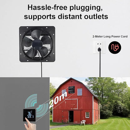 GROWNEER 12 Inch Exhaust Fan with Temperature Humidity Controller, 1200CFM Remote Control Shutter Exhaust Fan, 10-Speed Adjustable Wall Mount Attic Fan for Greenhouses Garages Sheds