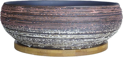 ARTKETTY Succulent Planter, Large Succulent Pots with Drainage Bamboo Tray 8 Inch Ceramic Bonsai Pots for Indoor/Outdoor Plants Garden Decorative Cactus Flower Container Bowl