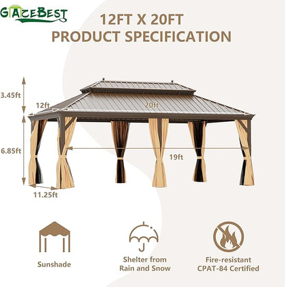 12' X 20' Hardtop Gazebo, Outdoor Galvanized Steel Double Roof Permanent Aluminum Frame Pavilion Pergola Canopy with Privacy Curtains for Garden, Patio, Backyard, Deck and Lawns.