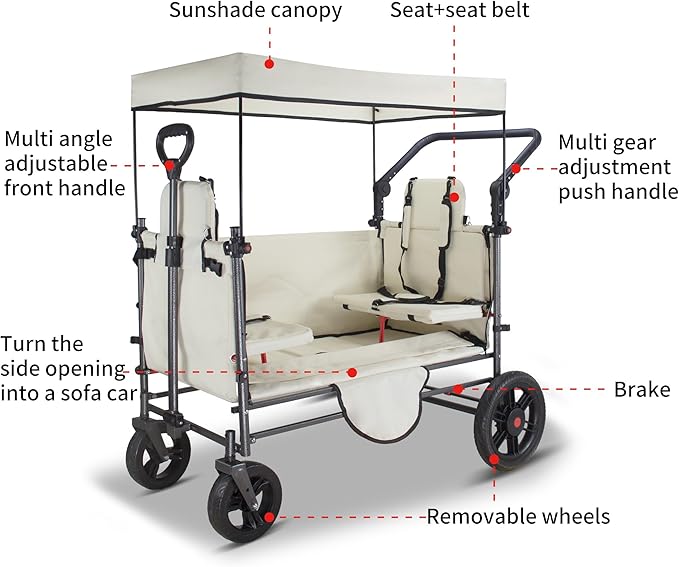 TMZ Collapsible Wagon Cart with Side-Opening Seat Conversion Design, Foldable Utility Wagon with 2 Seats, Heavy Duty Wagon 265 lbs Load Capacity (Beige)