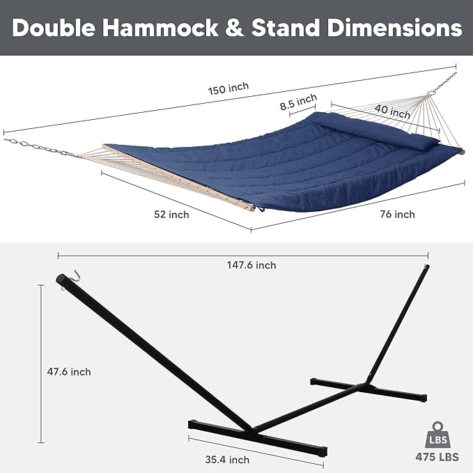 SUNCREAT Double Portable Rope Hammock with Stand Included, Outdoor Two Person Hammock with Polyester Pad, Navy