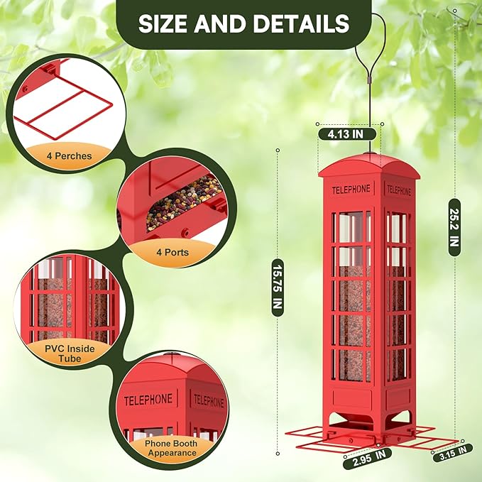 Squirrel Proof Bird Feeder Outdoor Hanging,Weight Activated Metal Mesh Red Bird Feeders 3LB Capacity,Outside Squirrel-Proof Heavy Duty Wild Birdfeeder for Finch Cardinal Bule Jay Chickadee