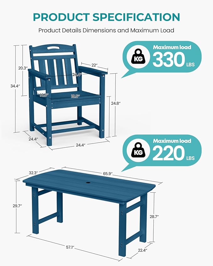 HDPE Outdoor Patio Dining Set with Table & 4 Chairs, All-Weather 5-Piece Outdoor Table and Chairs, 2" Umbrella Hole, Patio Furniture for Garden, Backyard, Deck | Navy Blue