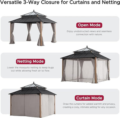 SUNJOY Kingston 12' x 12' Hardtop Gazebo with Galvanized Steel/Polycarbonate Double Roof, Curtain and Netting, Woodgrain Finish Aluminum Posts Permanent Pavilion Gazebo for Garden, Patio, Deck, Lawn