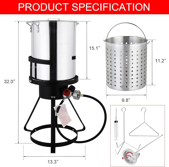 30 Qt.Turkey Deep Fryer Pot Set,Seafood Boil Pot with 55,000BTU Propane Burner,2-Pcs Cooker Sets, Turkey Fryer w/Basket for Outdoor, Aluminum Tripod Stove Rack,Steamer for Cooking Crawfish and Crab