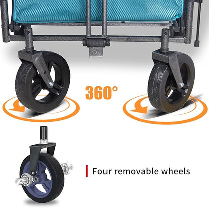 TMZ Collapsible Foldable Wagon Cart with Quick-Release Wheels and 2 Seats, Heavy Duty Wagon 265LBS Load Capacity for Camping Garden Shopping (Turquoise)