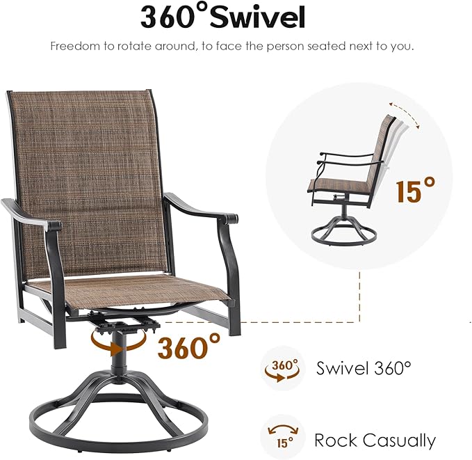 Swivel Patio Chairs Set of 6, Outdoor Patio Dining Chairs with Padded Textilene, Swivel & Rocker Metal Outdoor Dining Chairs All-Weather for Backyard, Brown Fabric with Black Frame