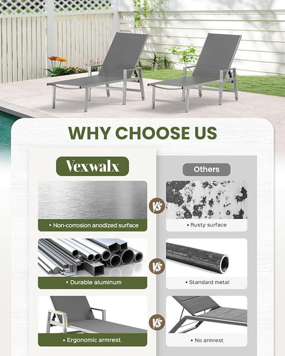 Patio Chaise Lounge Chair Outdoor with Wheels&Armrests, Aluminum Pool Lounge Chairs Five-Position Adjustable Recliner with Side Table, Outdoor Beach Lounge Chairs for Poolside, Deck, Garden, Dark Gray