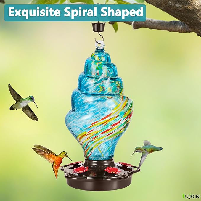 Spiral Shaped Hummingbird Feeder for Outdoors, Hand Blown Glass, 25 fl.oz, Leak Proof & Rustproof, Includes an Ant Moat, Metal Cover with 5 Feeding Ports & 5 Perches, Blue