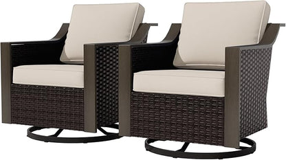Outdoor Wicker Swivel Chair Set of 2, All-Weather Use Patio Rattan Chair with Removable Water-Resistant Cushion, Ideal for Porch, Backyard, Balcony, Poolside, Beige