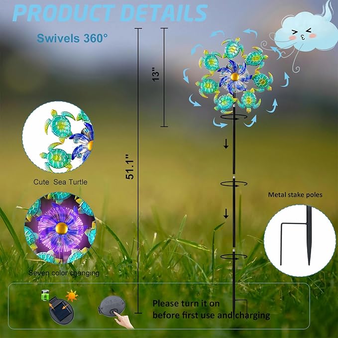 51" Sea Turtle Solar Wind Spinner Outdoor,Ocean Theme Garden Wind Spinners with LED Changing Light,Kinetic Windmill Decorative Turtle Decor Wind Sculpture for Yard,Patio,Lawn Unique Gifts