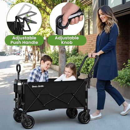 BEAU JARDIN Folding Push & Pull Beach Wagon 500 lbs Collapsible Foldable Wagons with Push Handle All Terrain Wheels Grocery Utility Camping Sports Garden Wagon Cart Black