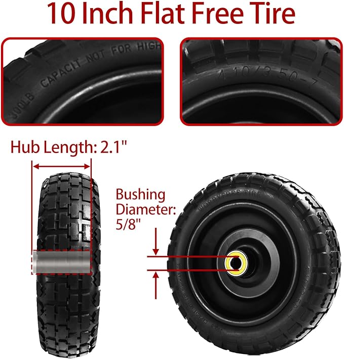 10" Solid Tires (4-Pack) - 4.10/3.50-4 Flat-Free Replacement Wheels for Gorilla Carts, Wheelbarrows, Garden Carts & Utility Wagons - 5/8" Axle Bore 2.1" Hub