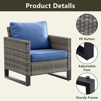 Wicker Outdoor Patio Furniture Set - 5 Piece Patio Conversation Set with 2 Wicker Armrest Chairs,2 Rattan Ottoman and 1 Metal Side Table for Outside Porch Deck Backyard Garden(Mixed Grey/Blue)