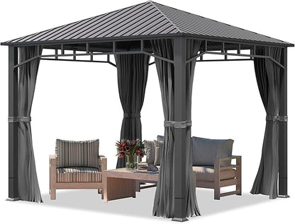 TOOLPORT Hardtop Gazebo 10x10 ft with Steel Roof - 4 Side Panels in Gray - Approx. 3.54x3.54 in Aluminium Poles