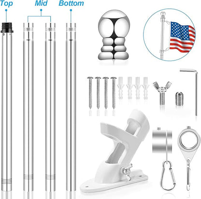 5 FT Flag Pole for Outside House, 1" Stainless Steel Flag Pole Kit with 2-Position Flagpole Holder Bracket & 360° Spinning Metal Flag Ring Clips, Outdoor Porch Wall Mounted for 3x5 Flag (5 FT, Silver)