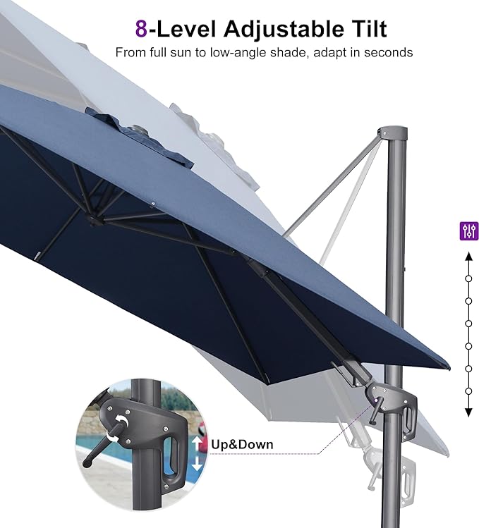 PURPLE LEAF 10' X 6.5' Swivel Outdoor Patio Aluminum Umbrella with Base Left-right Tilting Cantilever Offset Umbrella with UV Resistant Heavy Duty Fabric for Deck Pool Patio Backyard, Ocean Slate