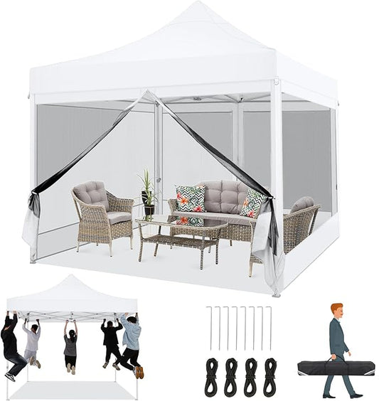 COBIZI 10x10 Heavy Duty Pop Up Canopy with 4 Mosquito Netting Wall, Easy Set Up Commercial Gazebo Party Tent, Outdoor Instant Screen Canopy for Backyard, Patio, Garden, White