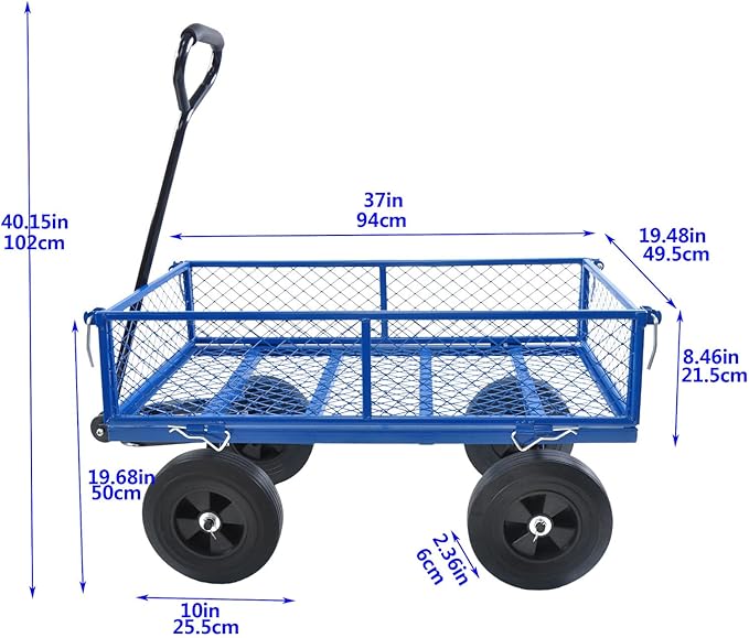 Heavy-Duty Solid Tire Garden Dump Cart - 4.86 cu. ft. Yard Wagon Cart with 600 LBS Capacity & Spacious Mesh Bed (37" x 19.5") - No-Flat Tires, Utility Wagon