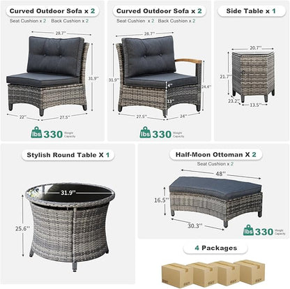 MEISSALIVVE 8 Piece Outdoor Patio Furniture Set, Half-Moon Curved Sectional Set with Wood Armrests, Patio Conversation Set, 2 Half-Moon Ottomans, Round Table & Side Table (Grey)