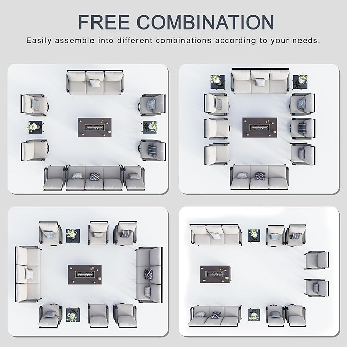 11 Pieces Outdoor Patio Conversation Sets with All Weather Cushions, Metal 2 Three-Seater, 4 Swivel Rockers, 2 Single Chairs, 2 Side Tables, 1 Fire Pit Table for Backyard Deck Porch Poolside, Beige