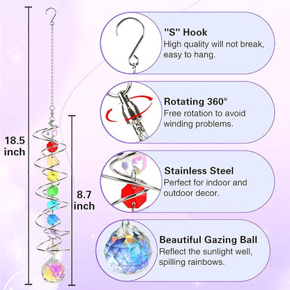 Suncatcher Wind Spinner Gazing Ball Spiral Tail, Crystal Sun Catchers with Seven Chakra Beads Window Hanging for Indoor Home Outdoor Garden Decor Wedding Birthday Party Gifts for Girl Women Mom