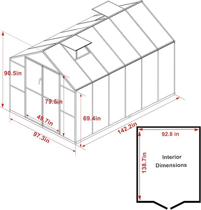 BlueWish 8x12FT Greenhouse for Outdoors, Greenhouses with 2 Adjustable Vents,Aluminum Frame, Heavy Duty Greenhouse Kit with Polycarbonate Panel, Walk-in Green House for Garden, Gray