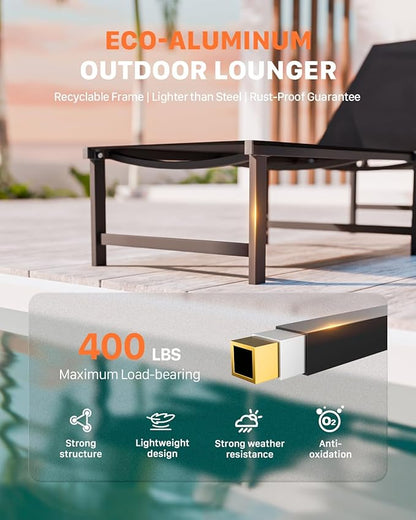 Chaise Lounge Chair Outdoor,Aluminum Patio Lounge Chairs,Lounge Chairs with 5 Adjustable Backrest and Headrest Pillows for Outside Beach,Black